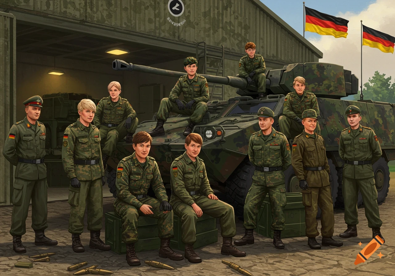 An illustration of a group of young soldiers in German Bundeswehr uniforms posing with a military vehicle and German flags outside a barracks.