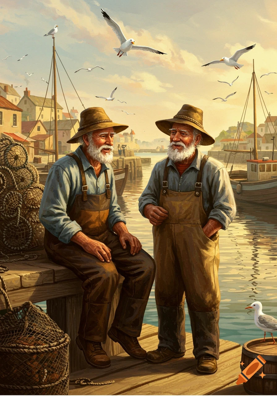 Two old fishermen in hats and overalls chat on a quayside by a harbor with boats and seagulls at sunset in a painterly style.