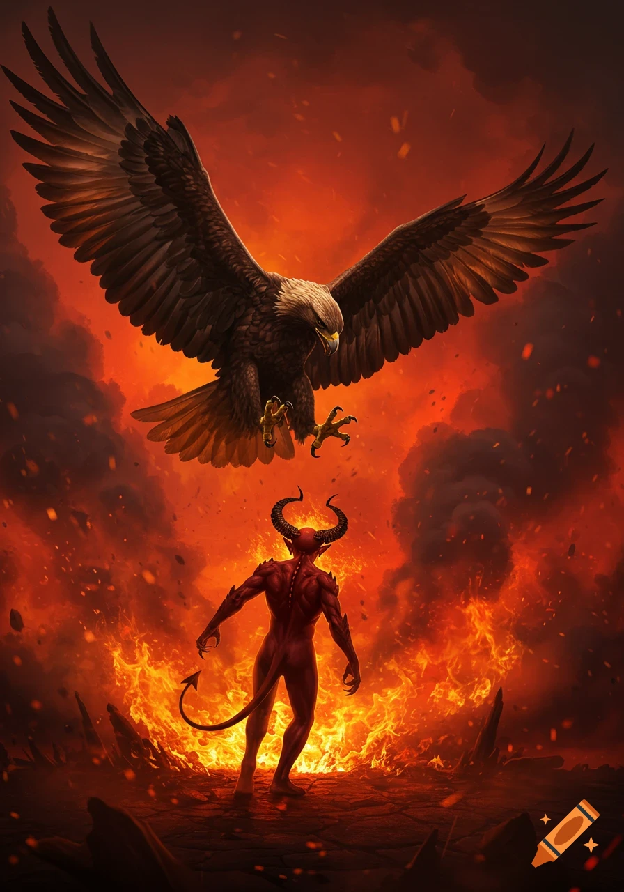A majestic eagle swooping down towards a red devil in a fiery, smoke-filled hellscape, digital fantasy art.
