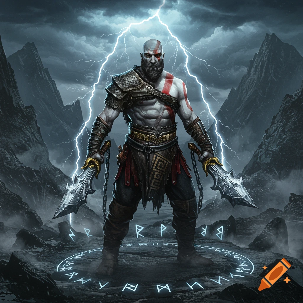 Kratos, a muscular bald warrior with a red tattoo, holds chained blades amidst a lightning storm in a mountain landscape with glowing runes.