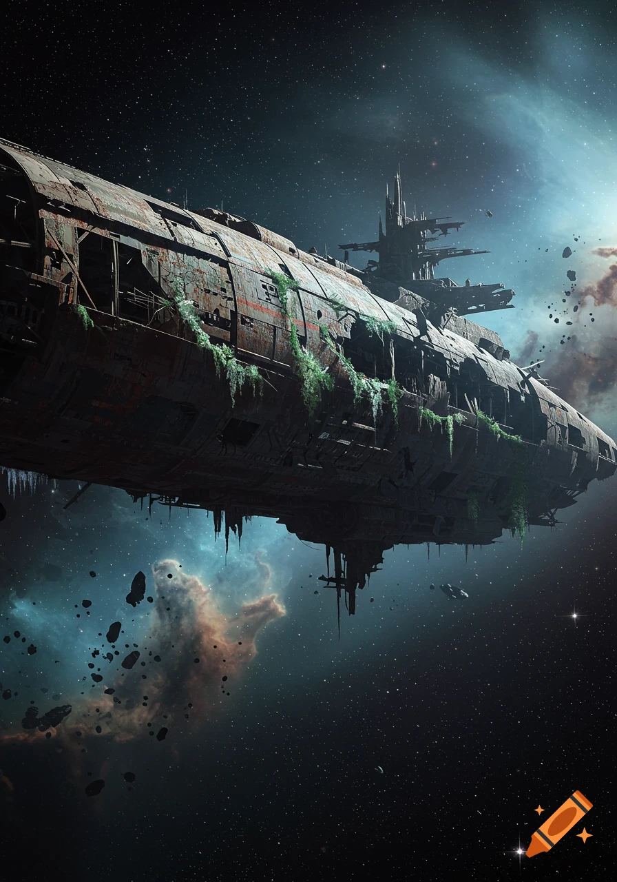 A large, heavily rusted and moss-covered derelict spaceship floats amidst asteroids and glowing nebulae in deep space.