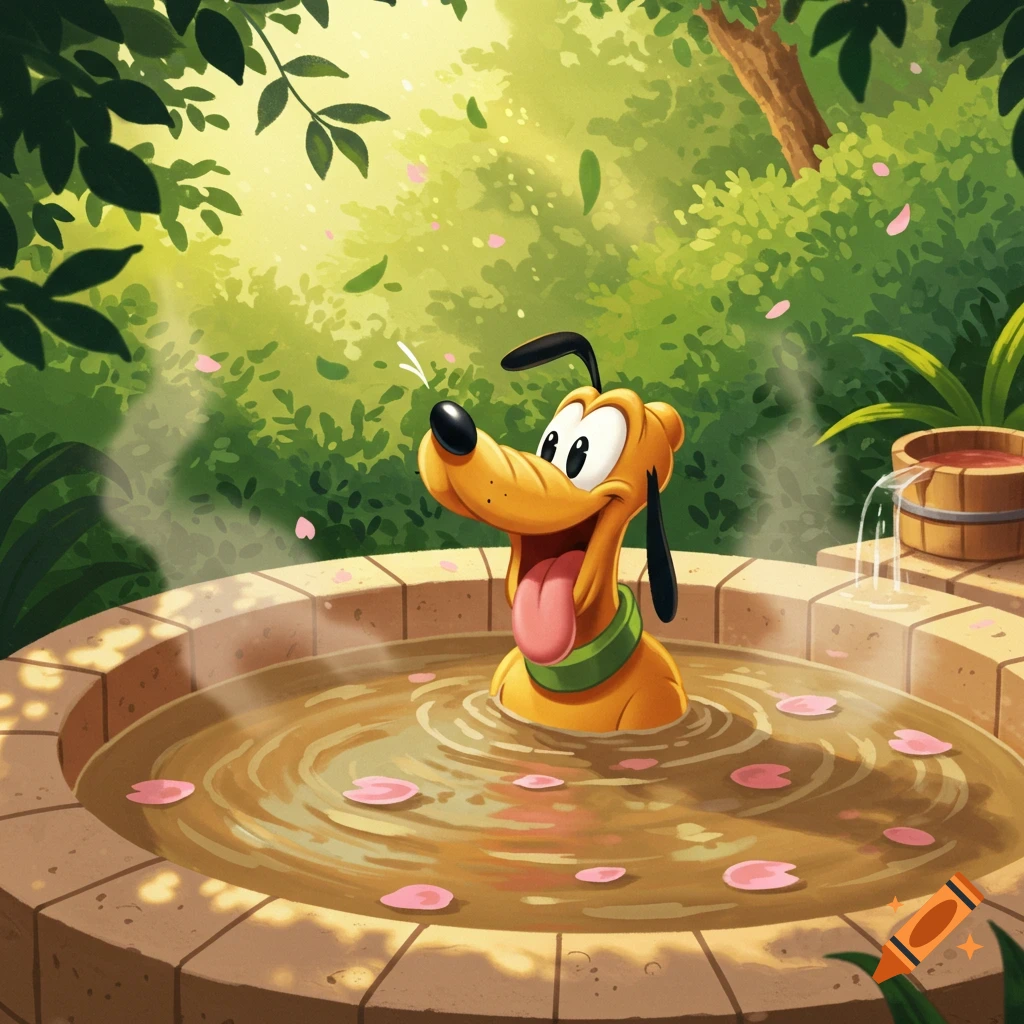 Cartoon illustration of Disney's Pluto happily relaxing in a steaming mud hot tub surrounded by green foliage and pink petals.
