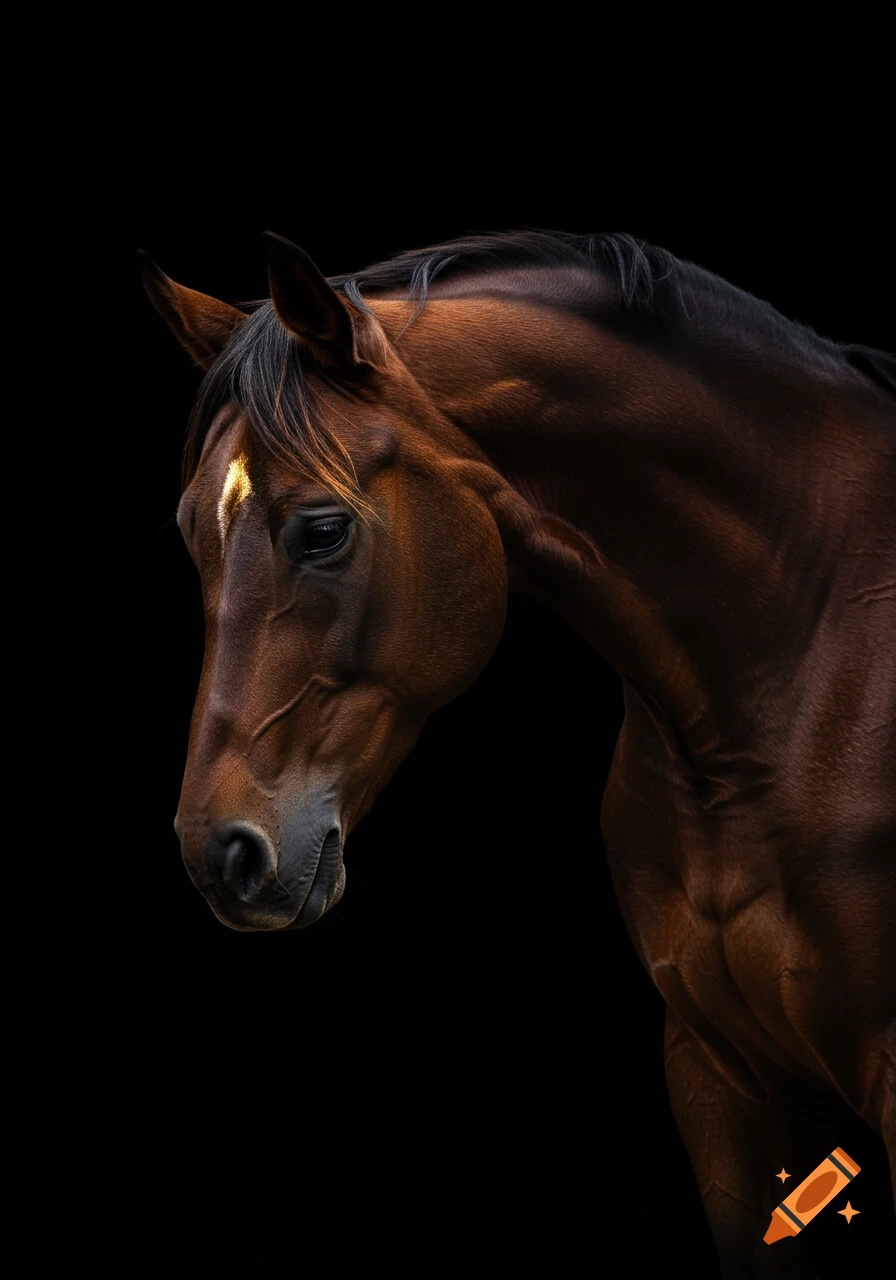 Close-up photorealistic portrait of a dark bay Thoroughbred horse with a golden streak on its forehead against a black background.