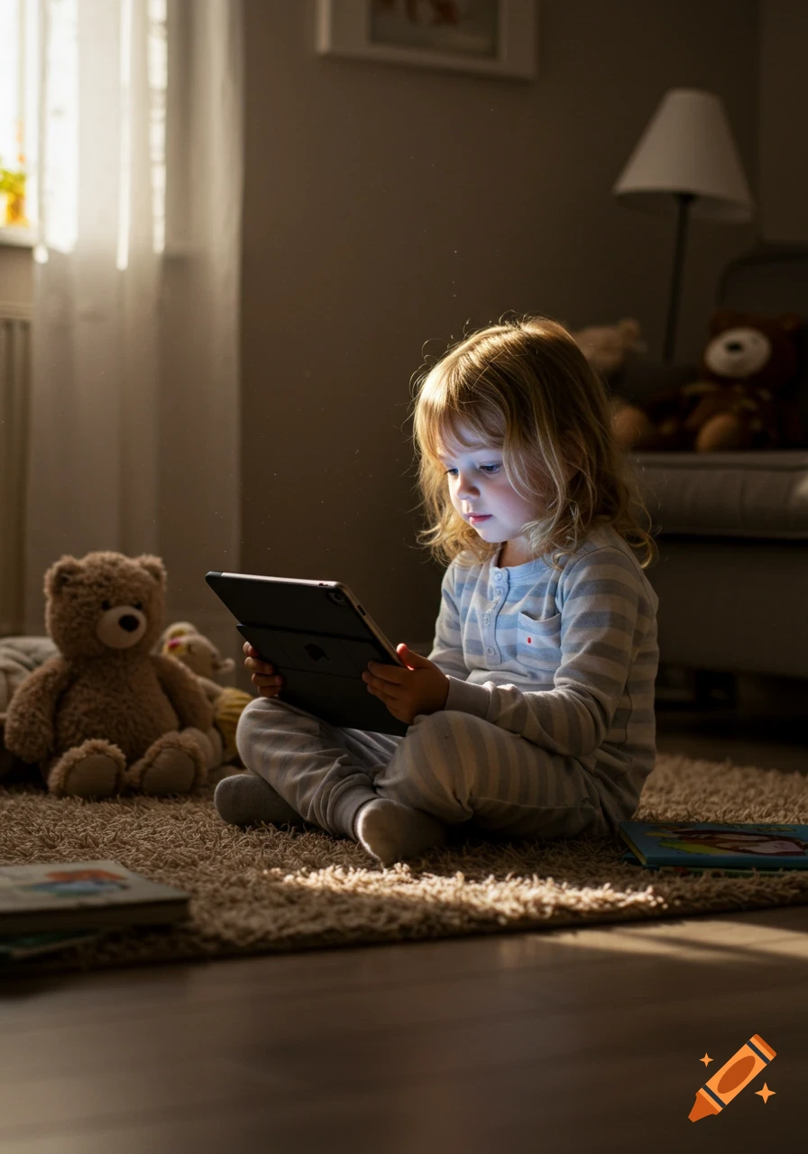 A young child in pajamas sits on a rug, illuminated by a tablet's glow, with teddy bears nearby.