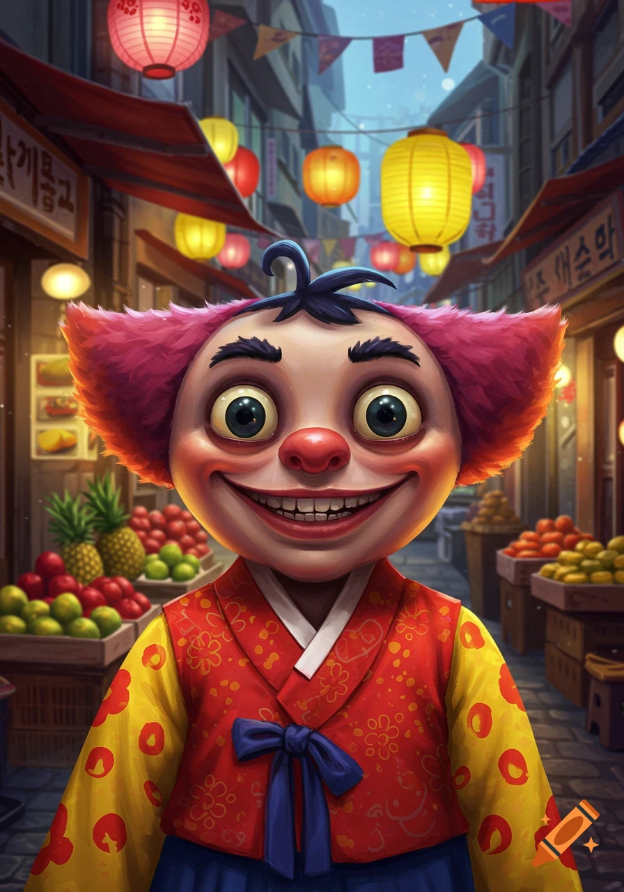 A creepy, cartoon-style clown with big eyes and a wide grin wearing a hanbok in a vibrant Korean market street with lanterns.