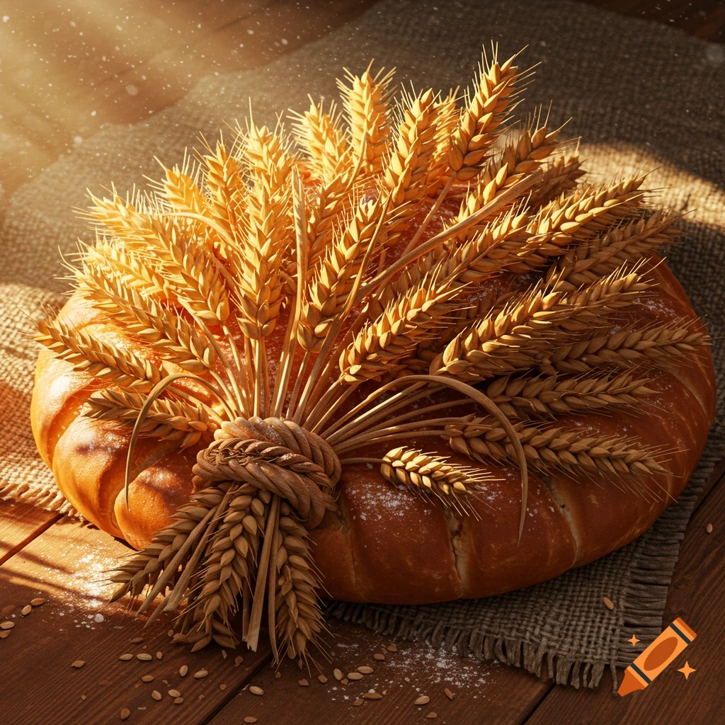 A rustic round loaf of bread decorated with a tied bundle of golden wheat ears on a burlap cloth and wooden table, bathed in sunlight.