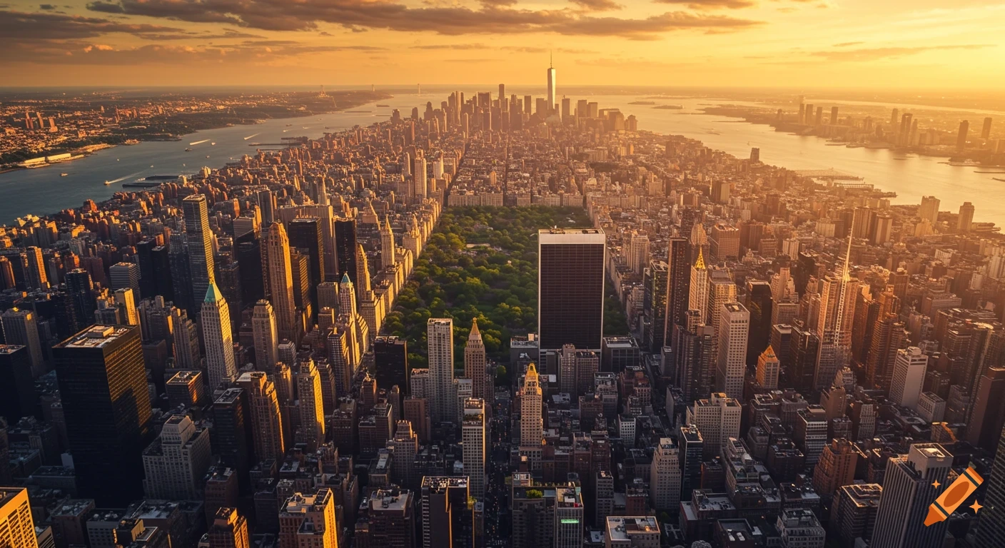 Photorealistic aerial view of the New York City skyline, with Central Park visible, bathed in the golden light of sunset.