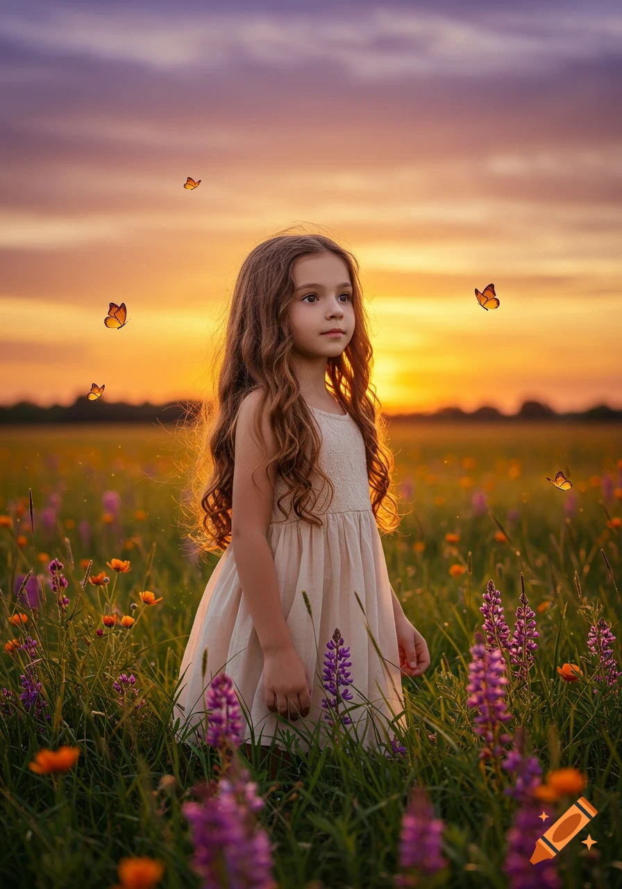 Photorealistic image of a young girl with long curly hair standing in a field of colorful wildflowers with butterflies, bathed in golden sunset light.