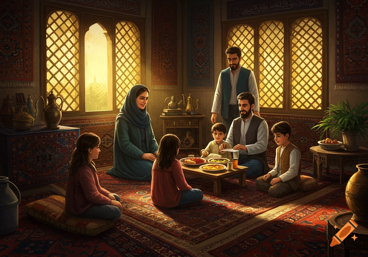 An Iranian family gathers in a warmly lit traditional room with patterned rugs, sitting on the floor around food, smiling and conversing.
