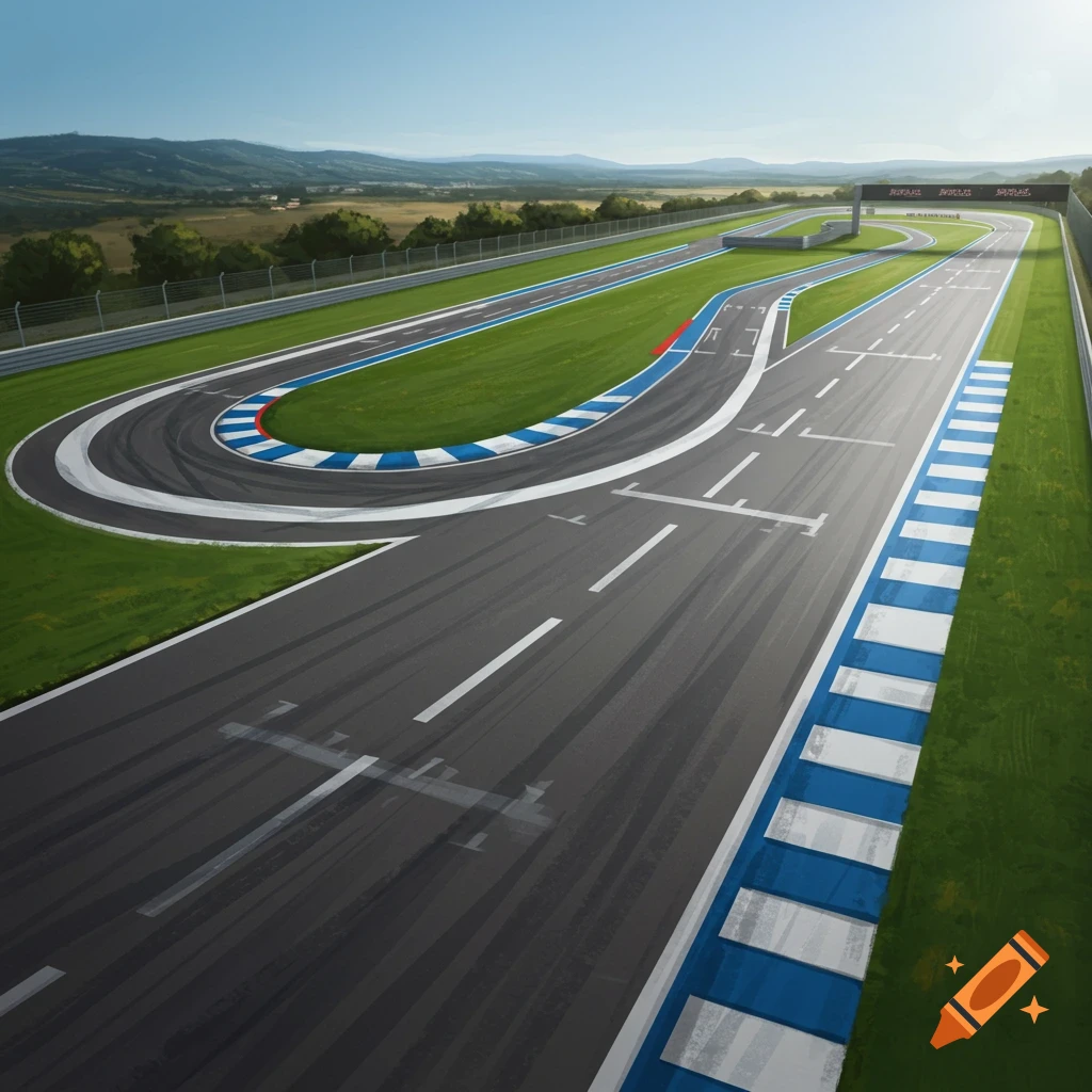 An empty, stylized race track with prominent blue and white striped run-off areas winding through green grass and distant hills under a clear sky.