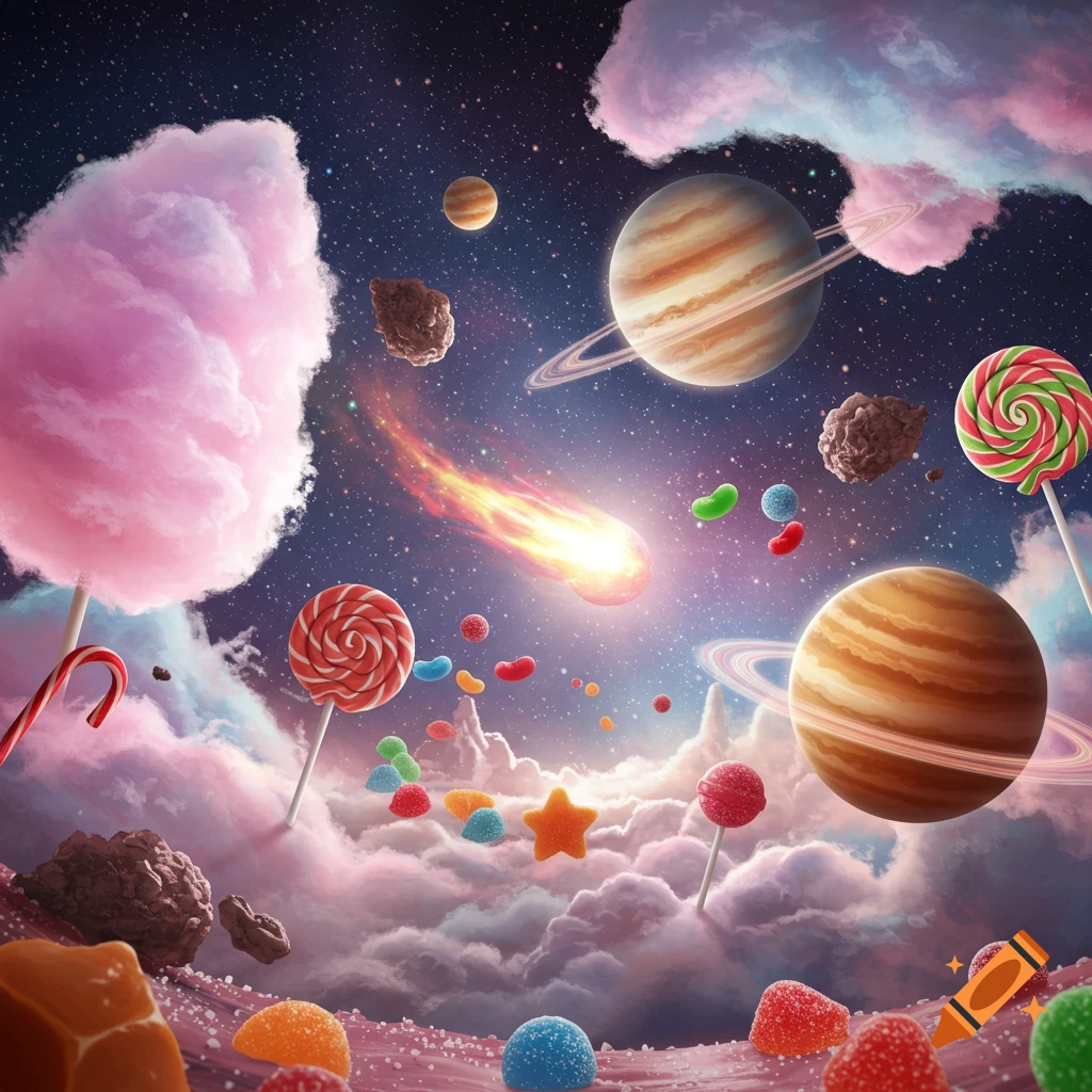 A vibrant, fantastical candy universe with planets, stars, lollipops, cotton candy, and colorful jelly candies floating in space.