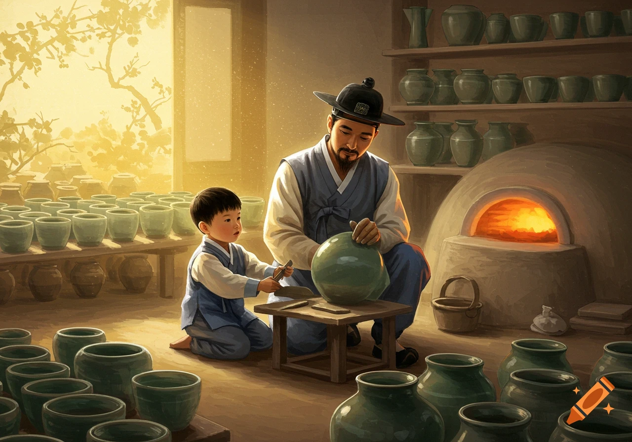 A father and son in traditional Korean hanbok make Goryeo celadon pottery in a workshop with a kiln, in an oriental painting style.