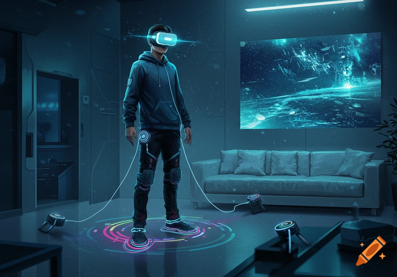 A person wearing a glowing VR headset and body trackers stands in a futuristic, neon-lit room with a large abstract screen.