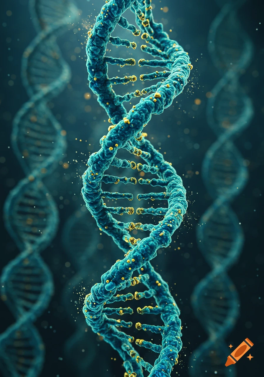 Close-up of a vibrant blue and gold stylized DNA helix, glowing against a dark background.