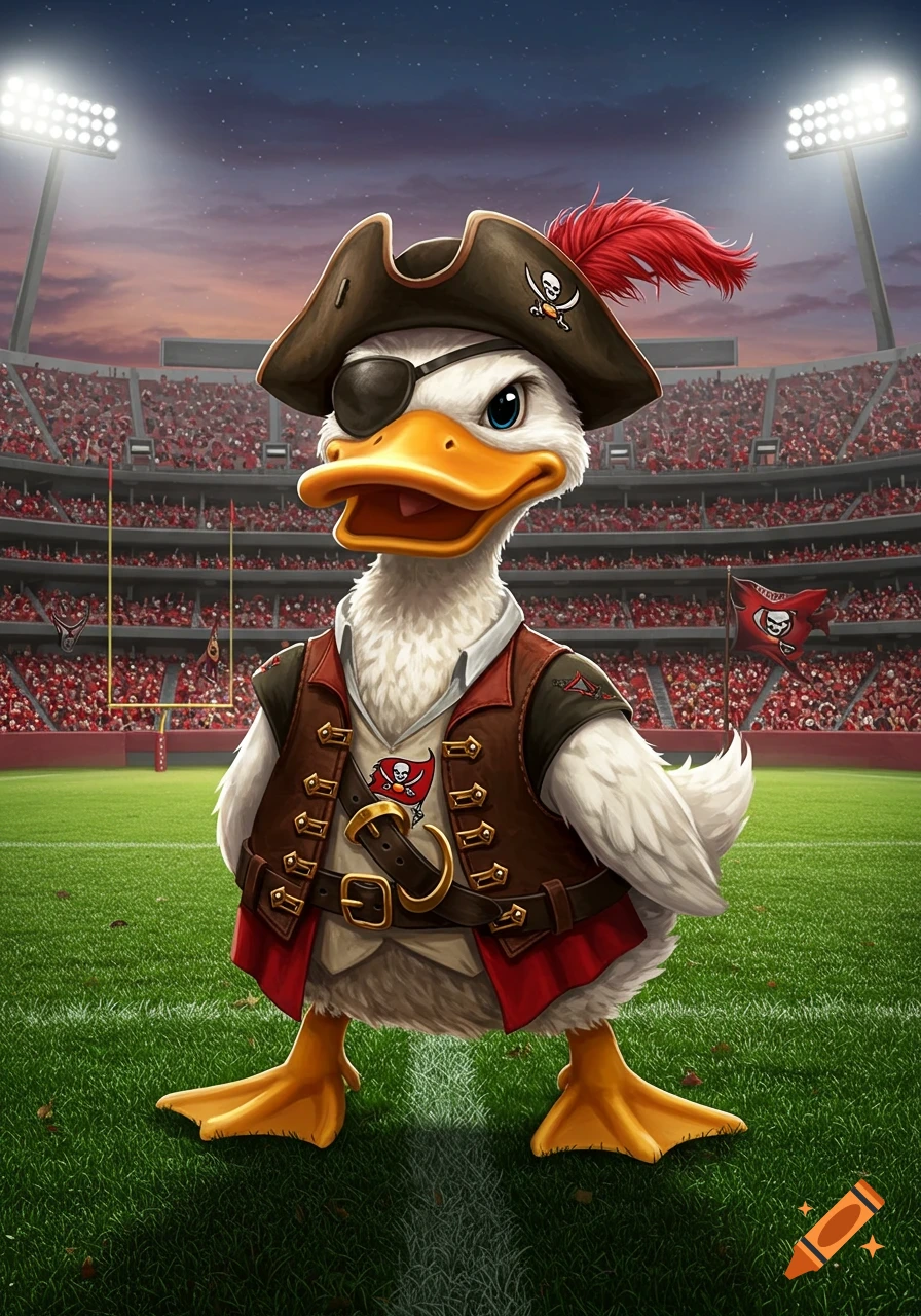 A cartoon duck dressed as a Tampa Bay Buccaneers pirate, complete with an eyepatch and feather hat, stands on a vibrant green football field in a stadium.