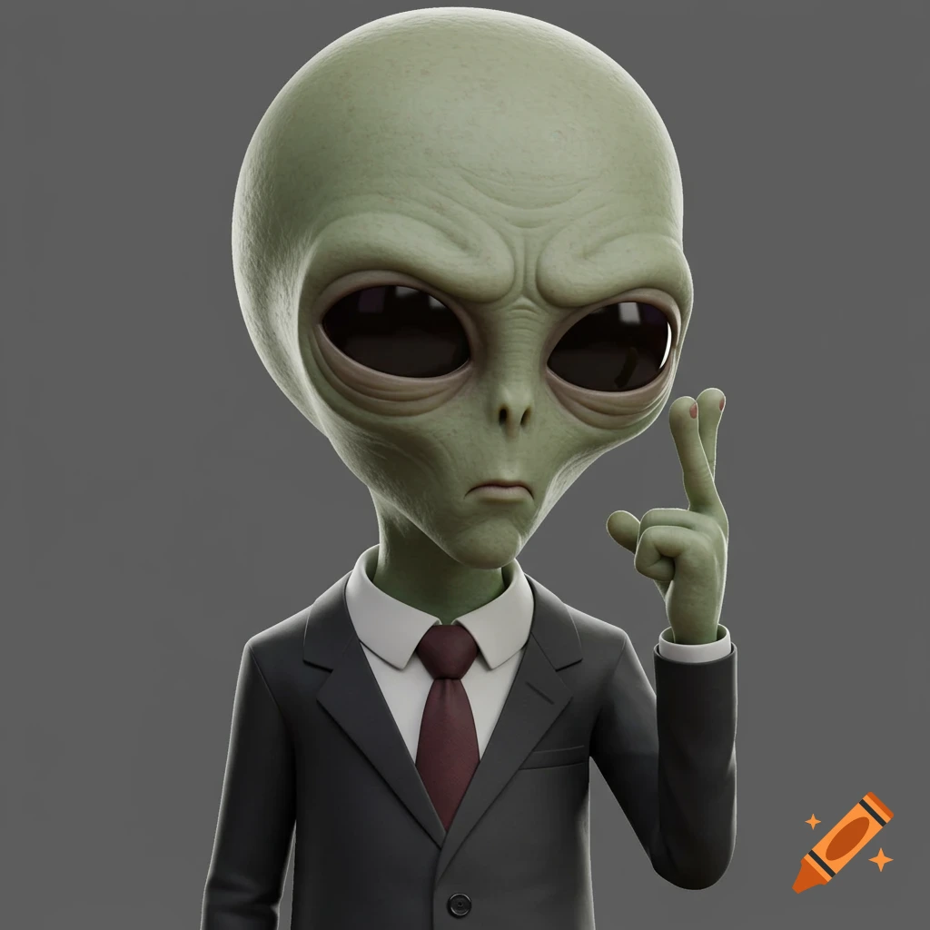 A 3D cartoon alien in a dark suit with a red tie and white shirt, making a cross-fingers gesture with a slightly annoyed expression.
