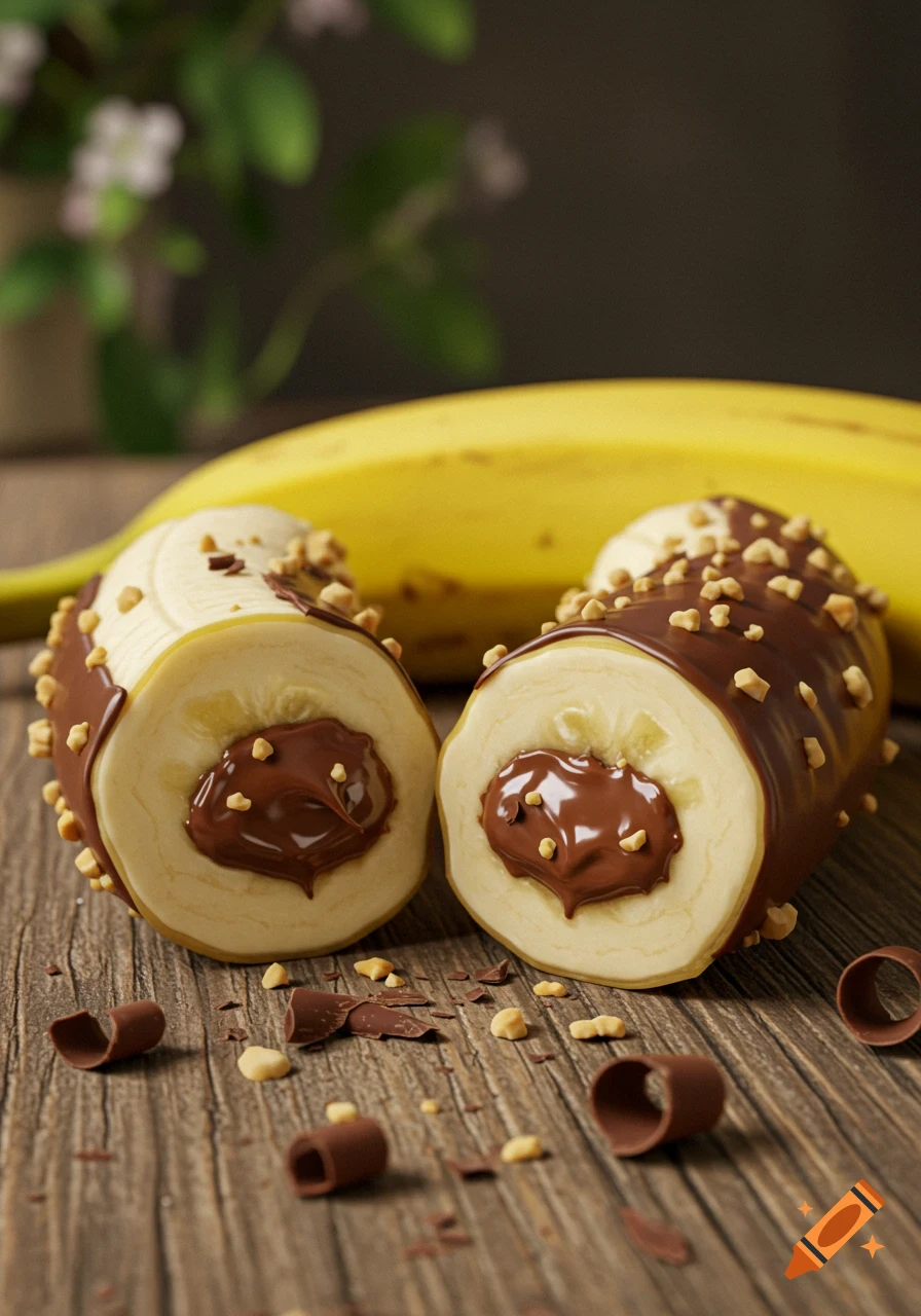 Two banana segments filled with melted chocolate and topped with nuts, on a wooden surface with a whole banana in the background.