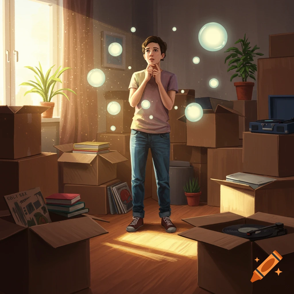 A young person stands contemplatively in a sunlit room filled with moving boxes and glowing bubbles, illustration.
