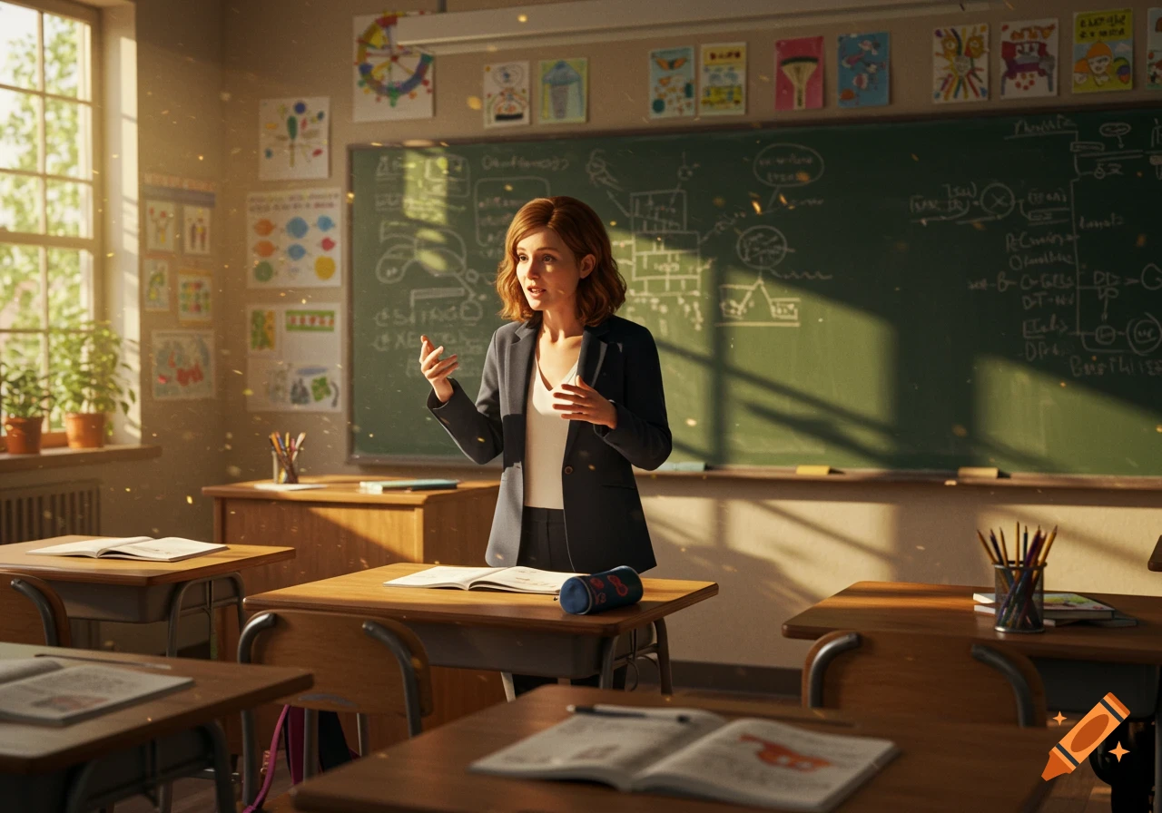 A female teacher gestures while speaking in a sunlit classroom with a blackboard and student desks.