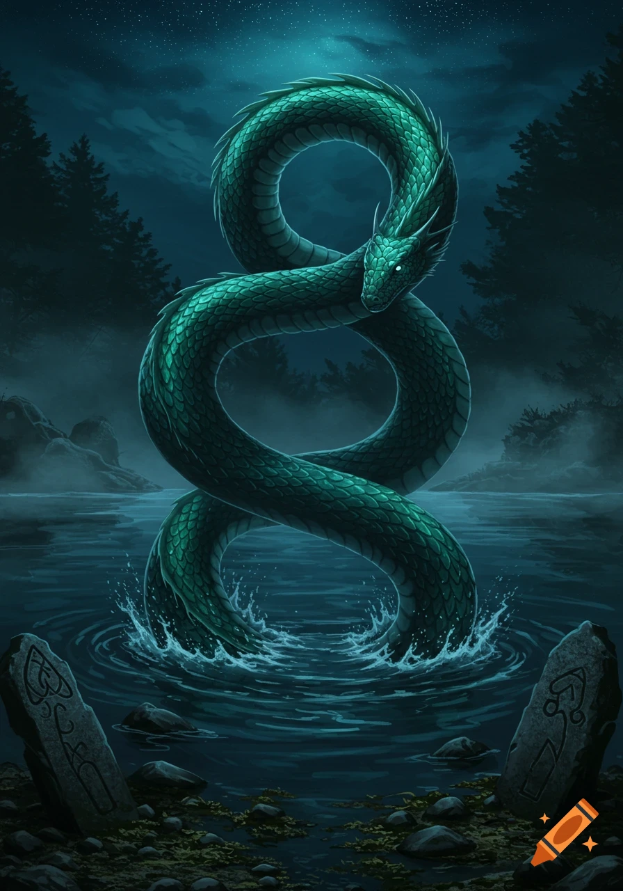 A large, glowing green serpentine creature rises from dark waters under a starry night sky, flanked by carved Celtic standing stones.