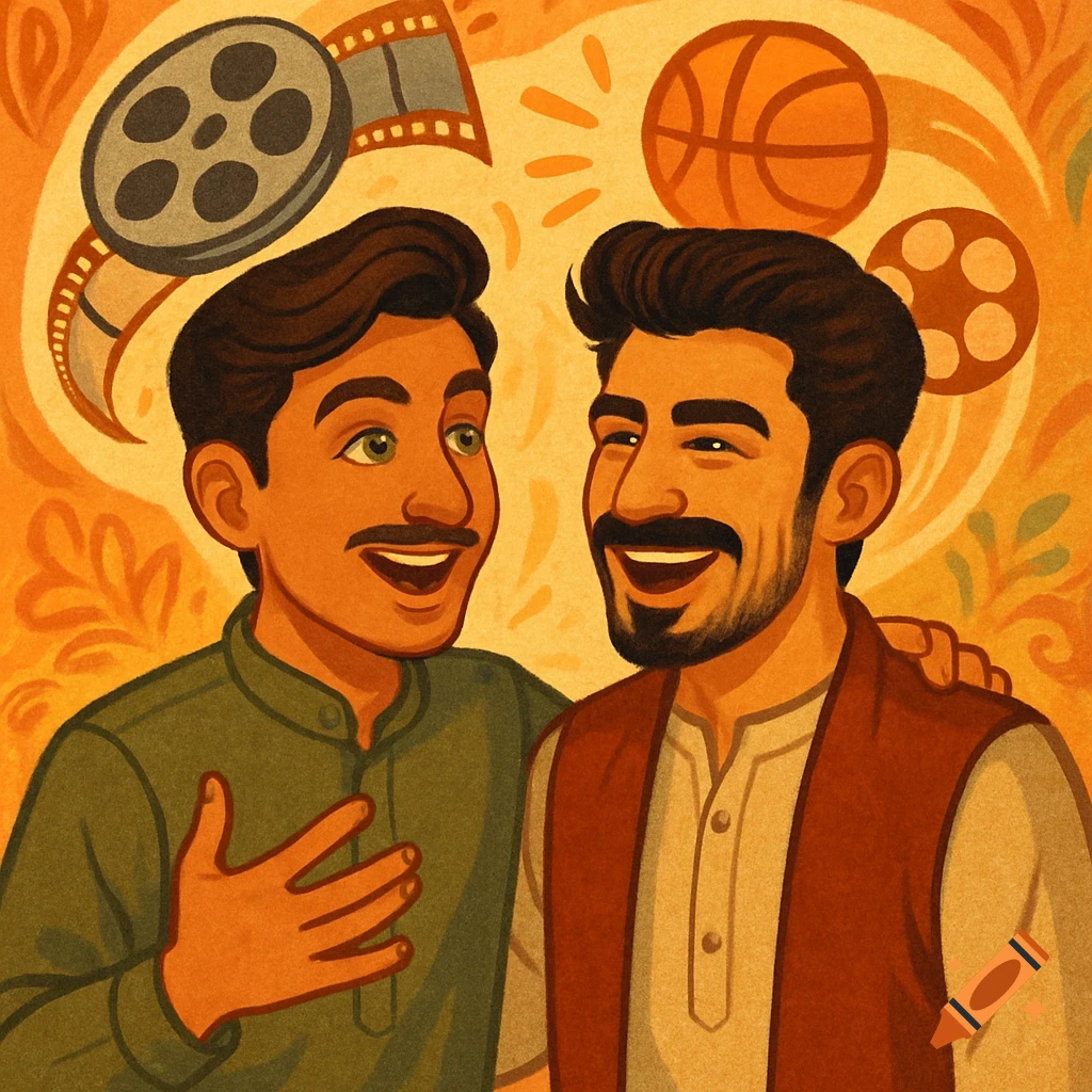 Stylized illustration of two men, one Pakistani and one Afghan, laughing happily with film and sports symbols in the background.