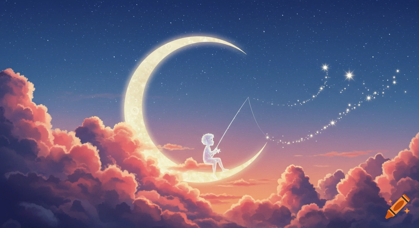 A stylized boy sits on a bright crescent moon, fishing glowing stars from a dark blue night sky with fluffy pink and orange clouds below.