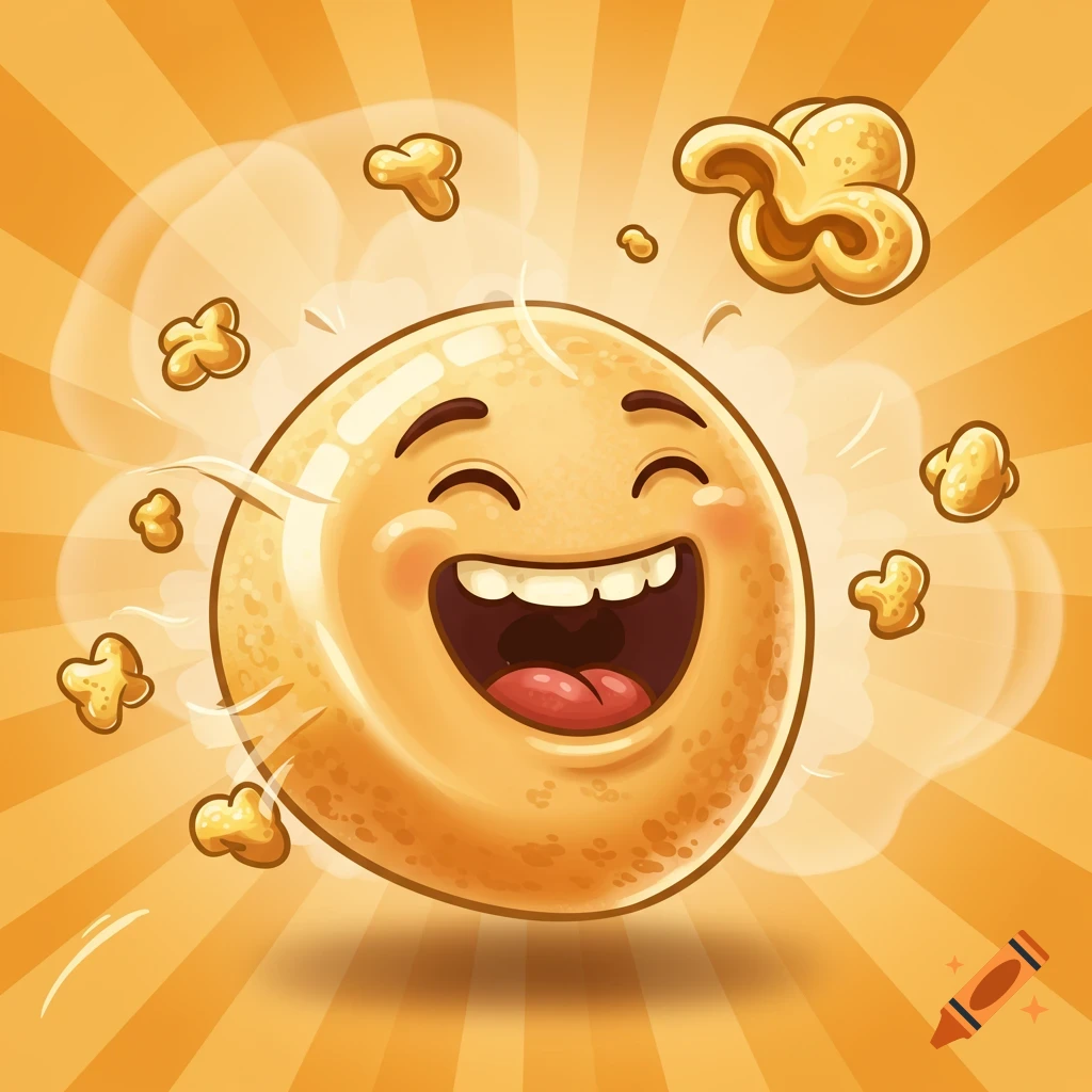A cartoon, smiling popcorn kernel with a wide open mouth, surrounded by smaller popcorn pieces and steam on a radiant orange background.