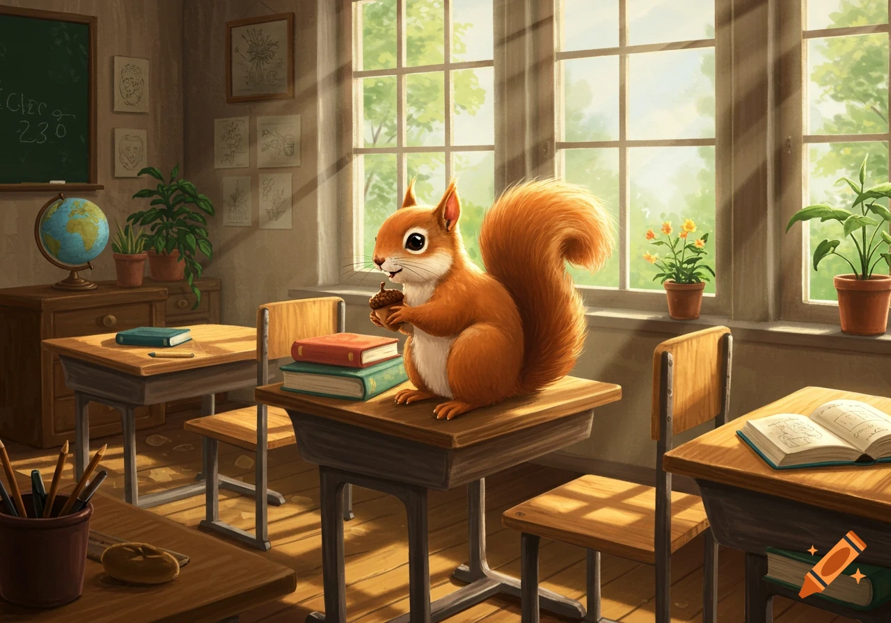 A cute, fluffy brown squirrel sits on a wooden school desk, holding an acorn, in a sunlit classroom. Illustration.