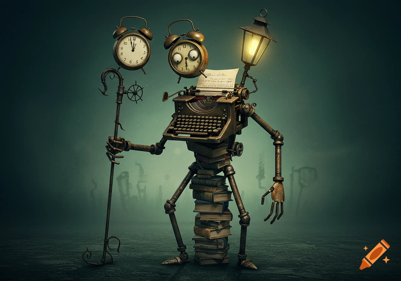 A surreal steampunk character made of a typewriter, stacked books, and alarm clocks, holding a staff, in a dark, whimsical style.