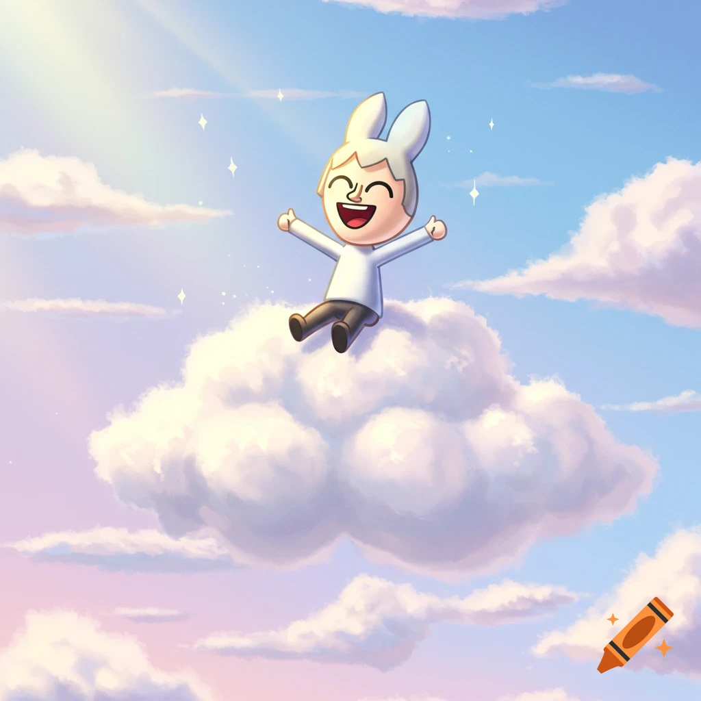 A happy, Mii-like cartoon character with bunny ears sits on a fluffy cloud in a bright sky with sparkling stars, arms outstretched.
