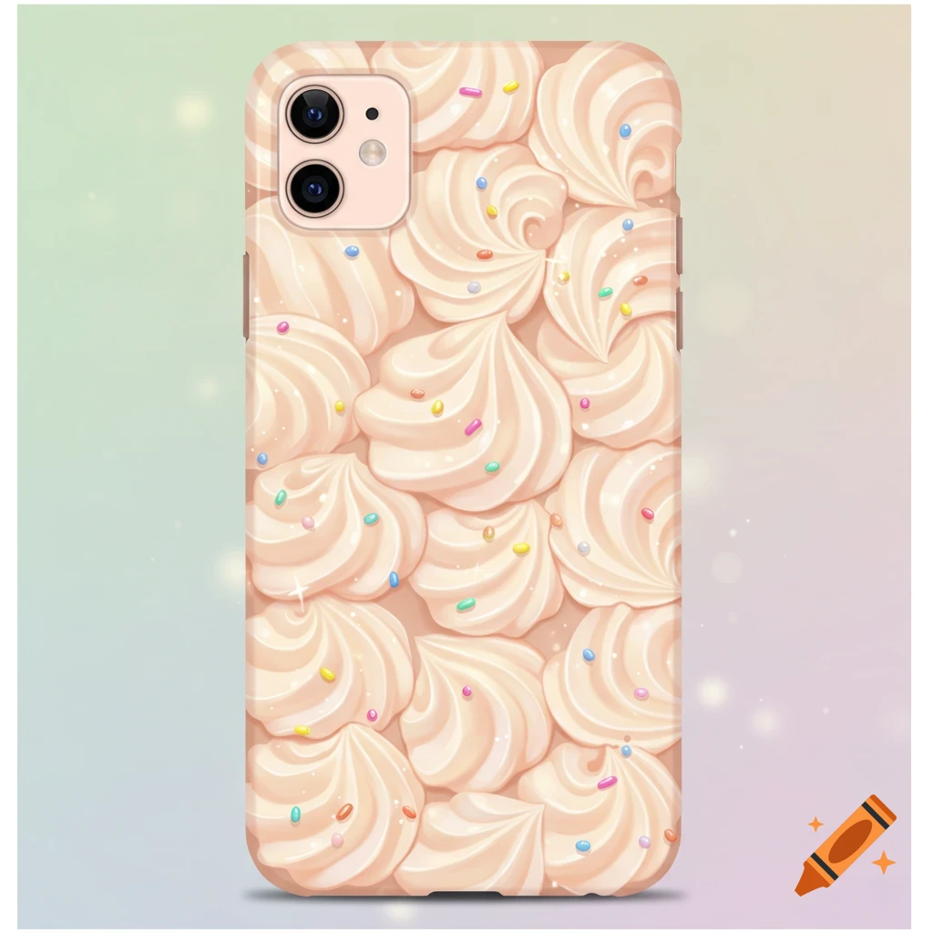 Close-up of a pink phone case covered in light pink meringue-like swirls with colorful sprinkles, set against a soft gradient background.