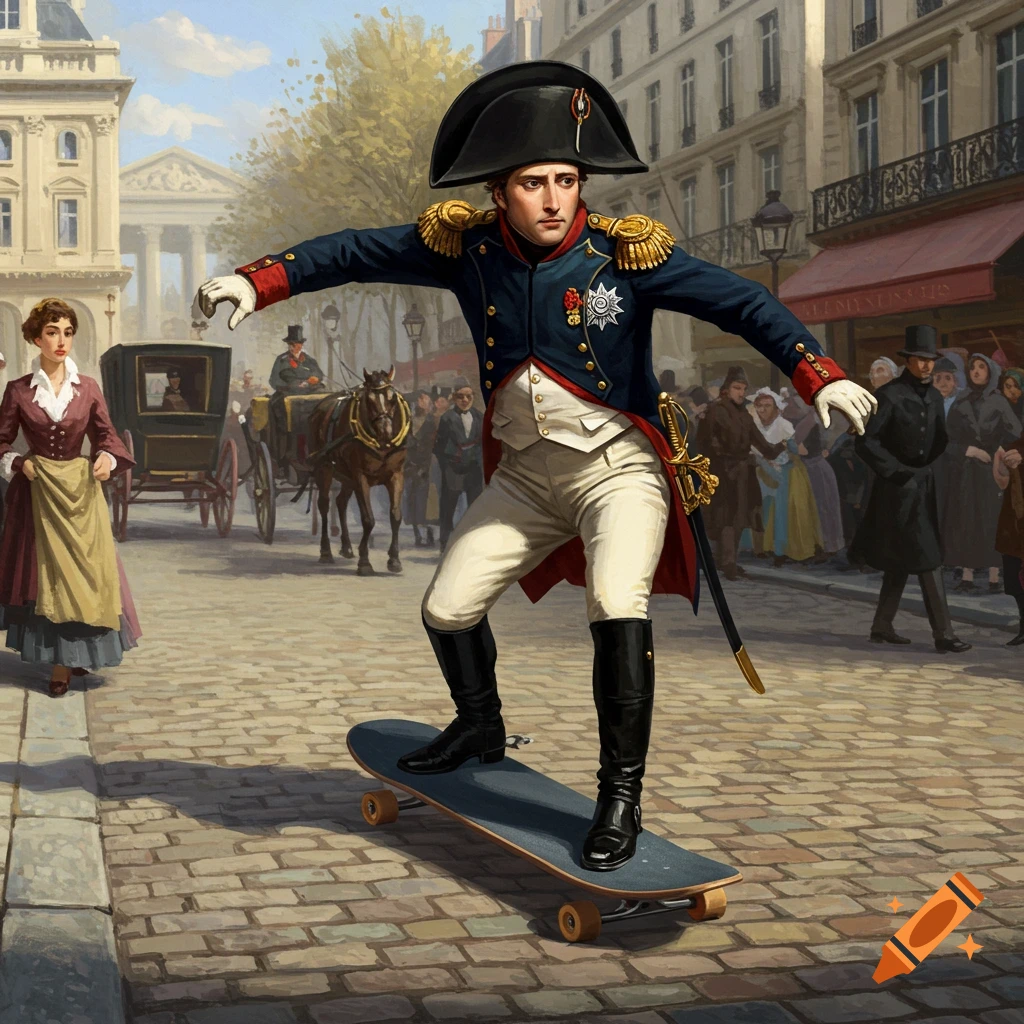 A painting of Napoleon Bonaparte in military uniform skateboarding down a cobblestone street in a historical city.