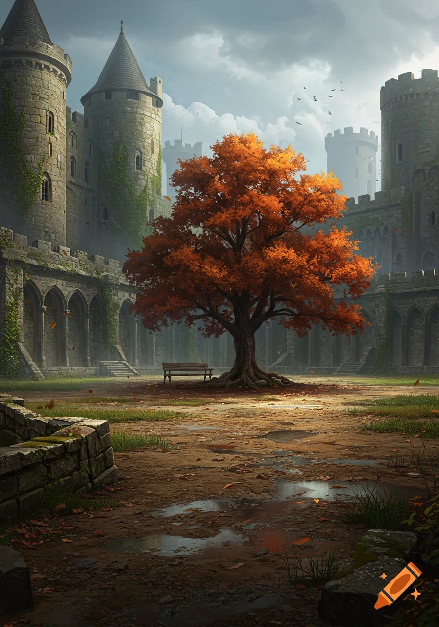 A vibrant orange-leafed tree stands in the center of a stone castle courtyard with dirt and puddles under a cloudy sky.