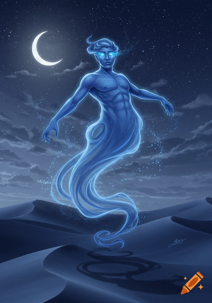 A blue, ethereal djinn with glowing eyes floats over desert dunes under a crescent moon and starry night sky in a digital art style.