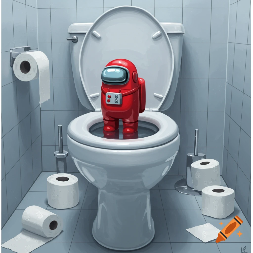 A red Among Us character stands in a toilet bowl, surrounded by toilet paper rolls on a tiled bathroom floor.