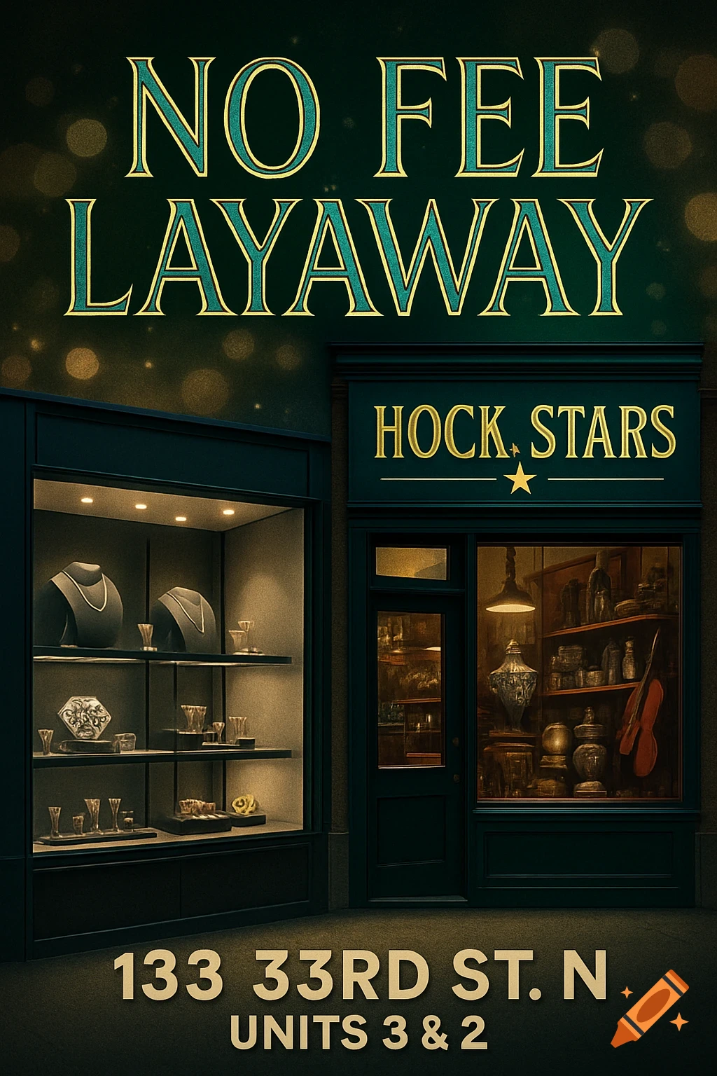 Vintage storefront for 'Hock Stars' with 'NO FEE LAYAWAY' sign, jewelry in display windows, and an address.