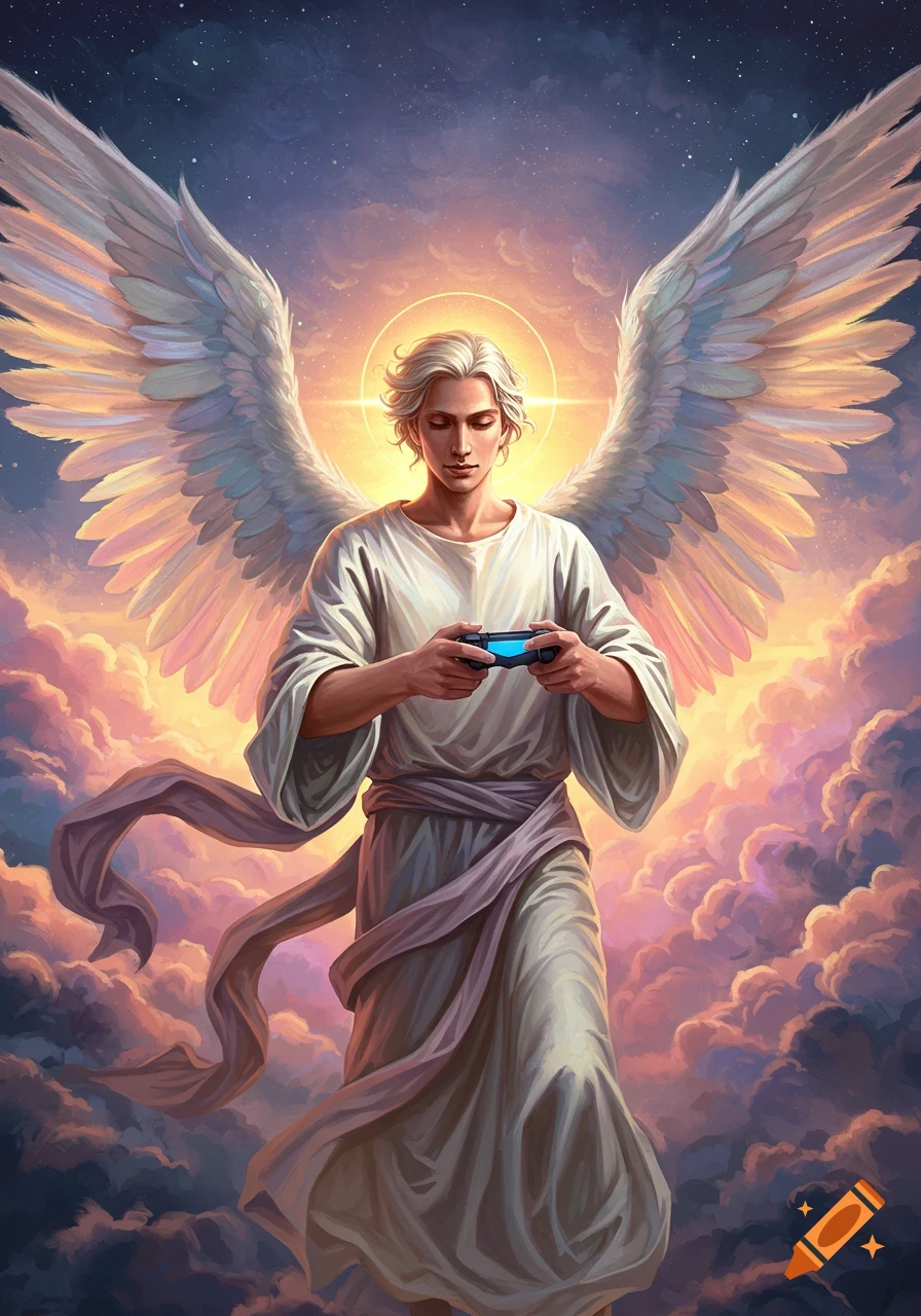 An oil painting of a male angel with white hair, wings, and a halo, holding a game controller in a cloudy, celestial sky.