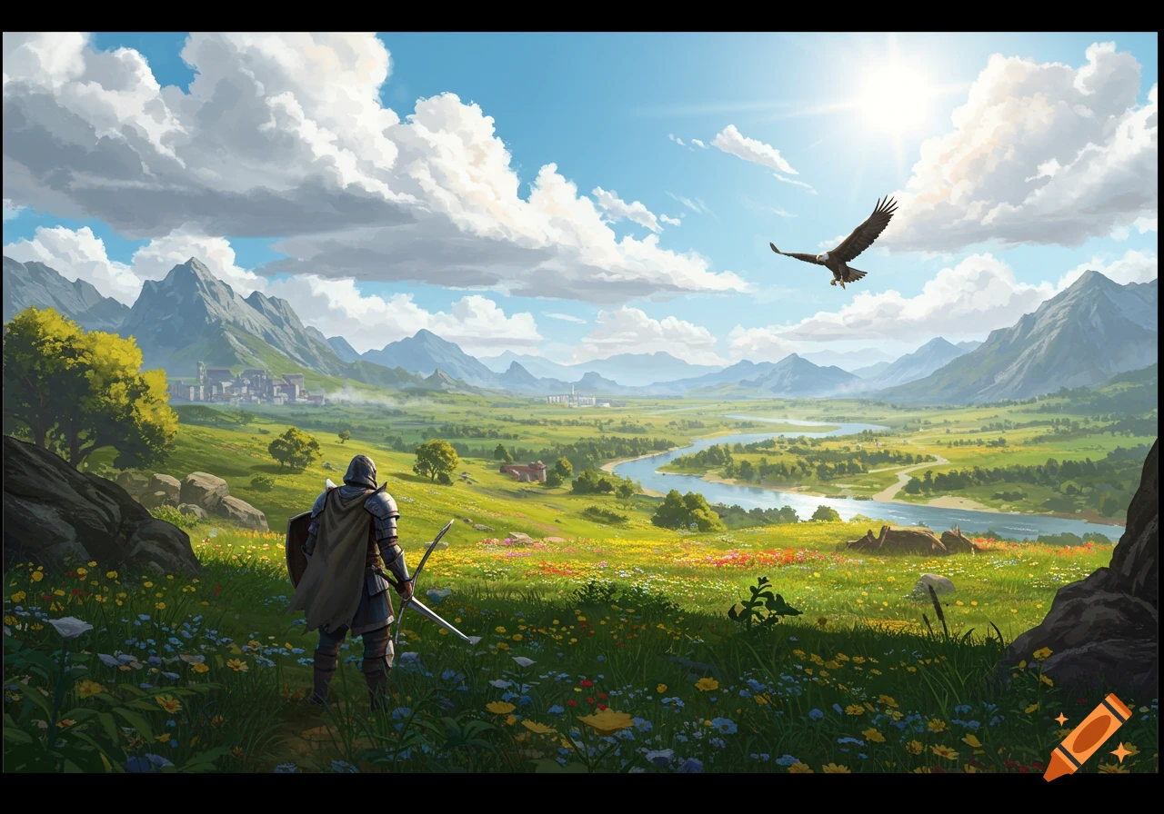 A knight overlooks a sunny fantasy valley with mountains, a winding river, distant city, and an eagle flying overhead.