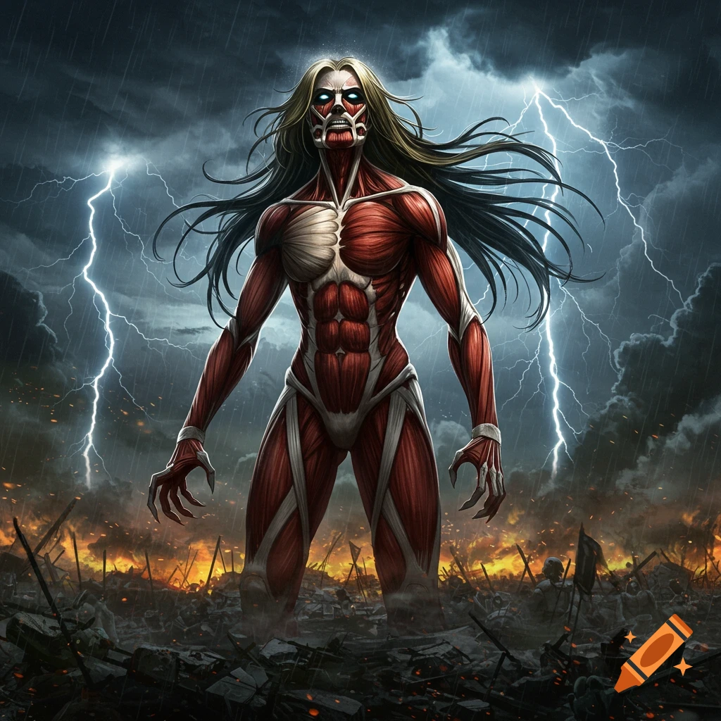 A colossal female titan with exposed musculature and glowing blue eyes stands in a war-torn landscape under a stormy, lightning-filled sky.