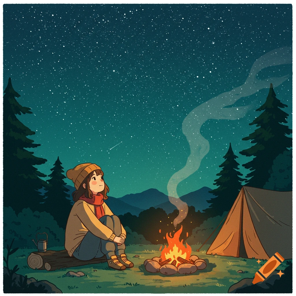 An anime girl sits by a campfire, looking up at a starry night sky, with a tent and pine trees in a camping scene.