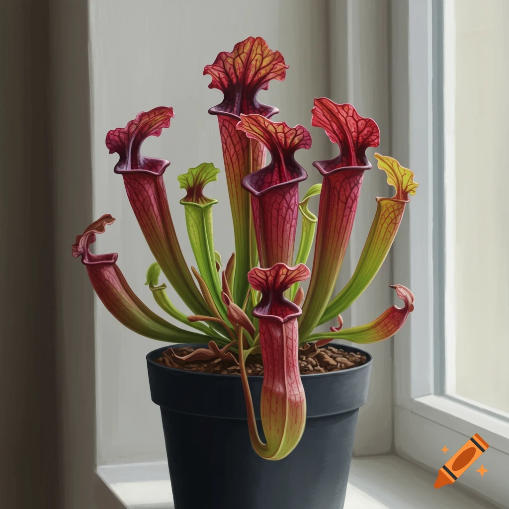 Realistic painting of a Sarracenia purpurea pitcher plant in a black pot by a window.