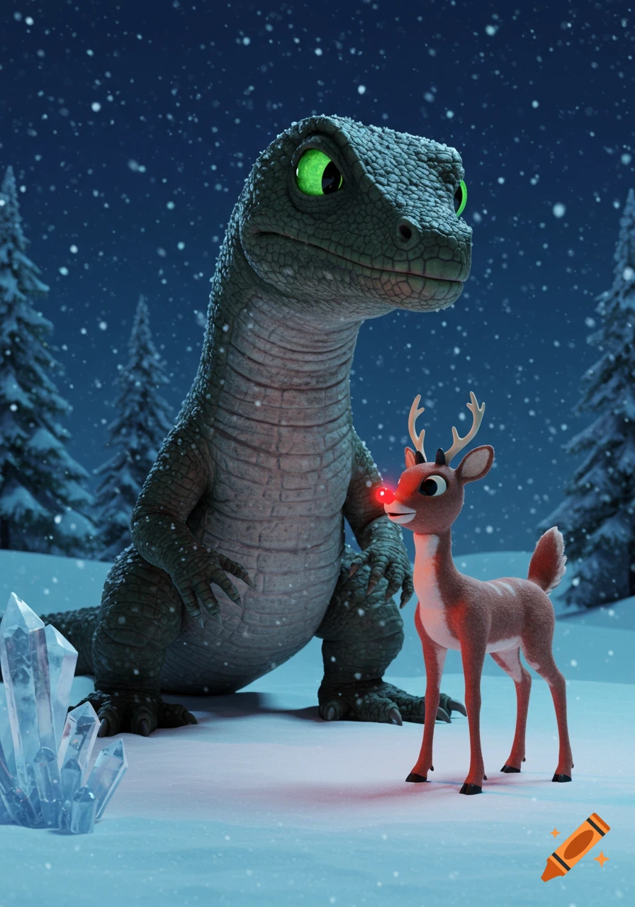 A 3D animated green dinosaur watches Rudolph the Red-Nosed Reindeer in a snowy forest under falling snow.