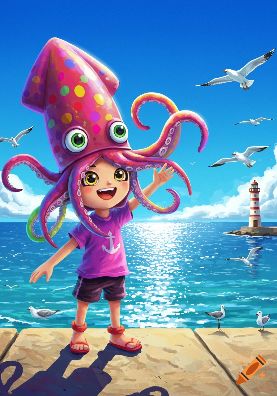 A cheerful cartoon child wearing a pink, polka-dotted squid hat waves on a sunny beach with seagulls and a lighthouse.