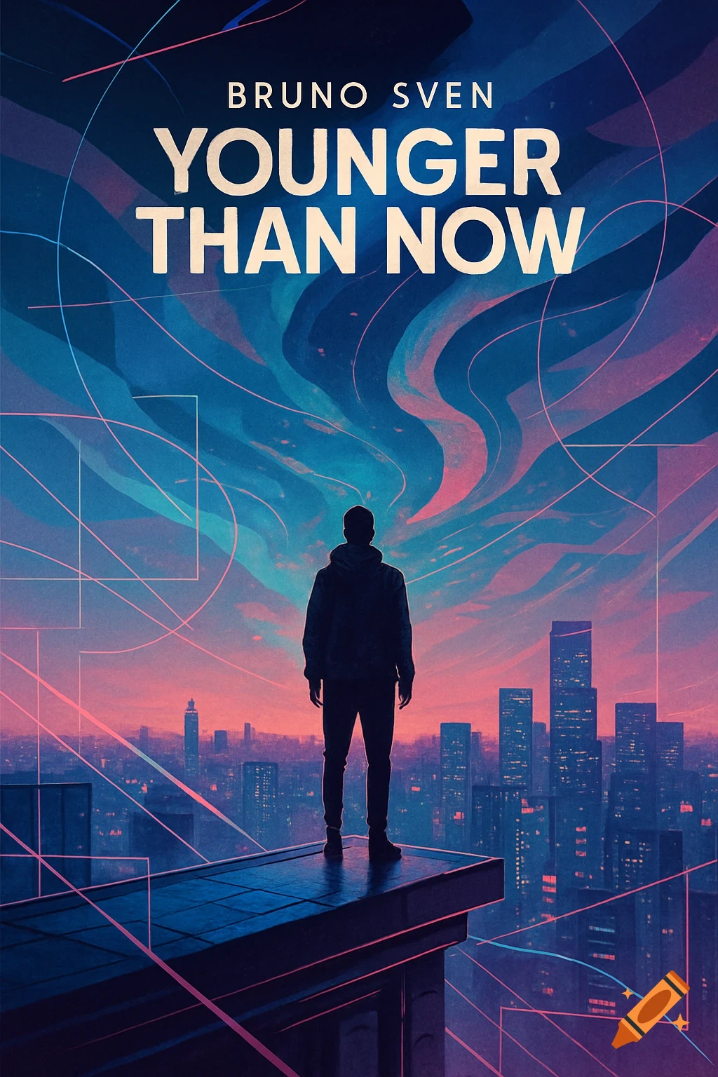 Silhouette of a person on a rooftop overlooking a vibrant, futuristic city skyline at sunset. Text: BRUNO SVEN YOUNGER THAN NOW.