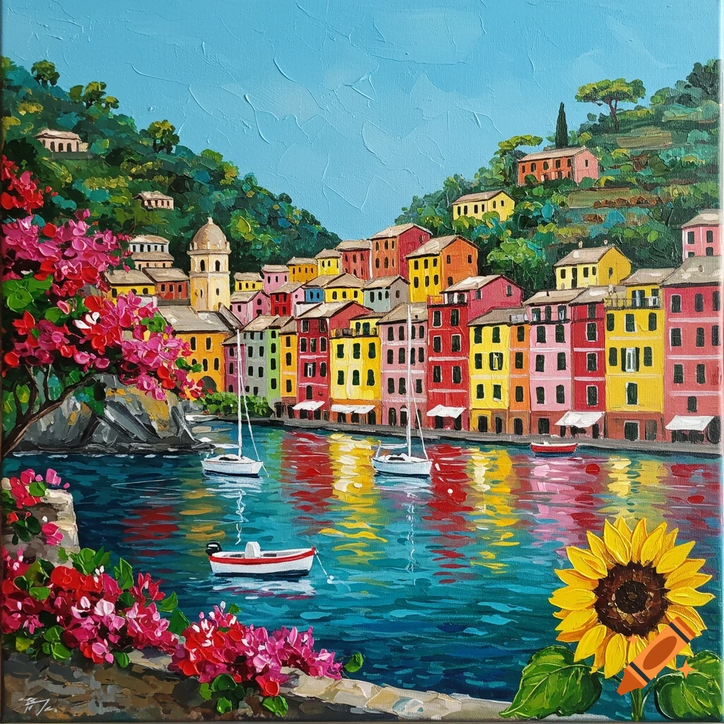 Vibrant impasto painting of a colorful Italian coastal village with houses, boats, pink bougainvillea, and a sunflower by the sea.