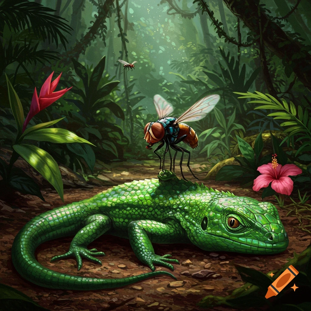 A detailed illustration of a large green lizard in a lush jungle with a colorful fly resting on its back.