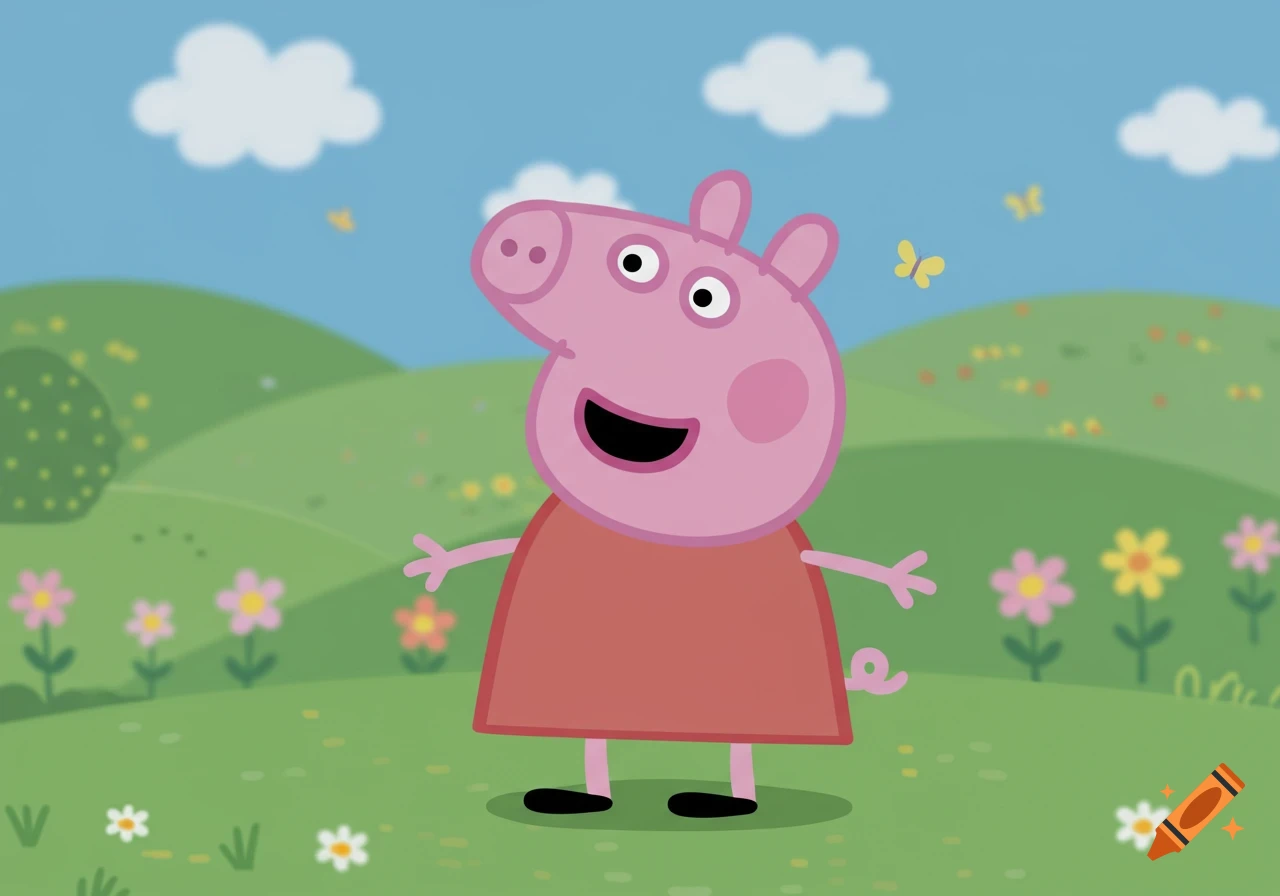 Peppa Pig, a pink pig character, stands happily in a green field with colorful flowers, under a blue sky with white clouds and yellow butterflies.