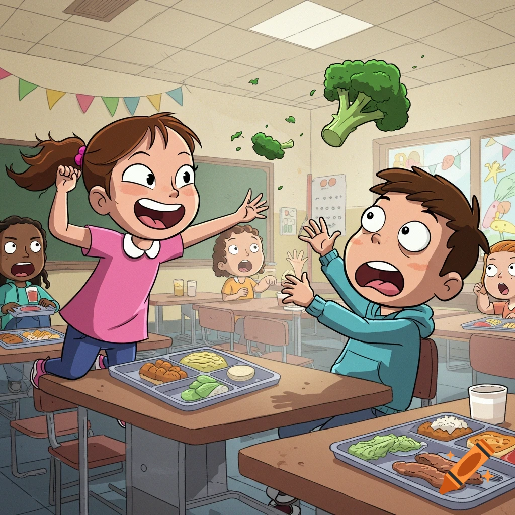 A cartoon girl throws broccoli at a startled boy in a school lunchroom, while other children watch.