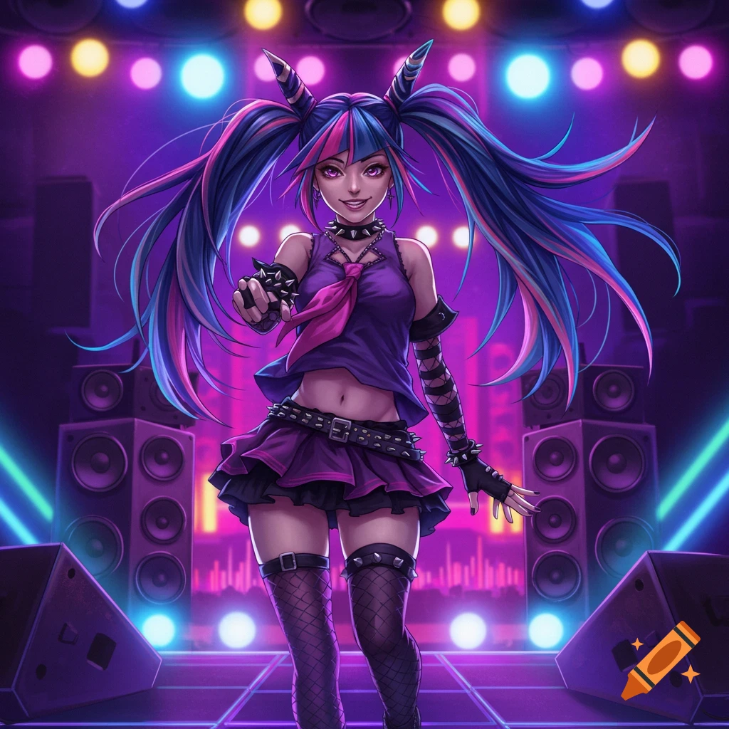 A vibrant anime-style character resembling Ibuki Mioda, with colorful pigtails and a punk rock outfit, stands on a stage with neon lights and speakers.