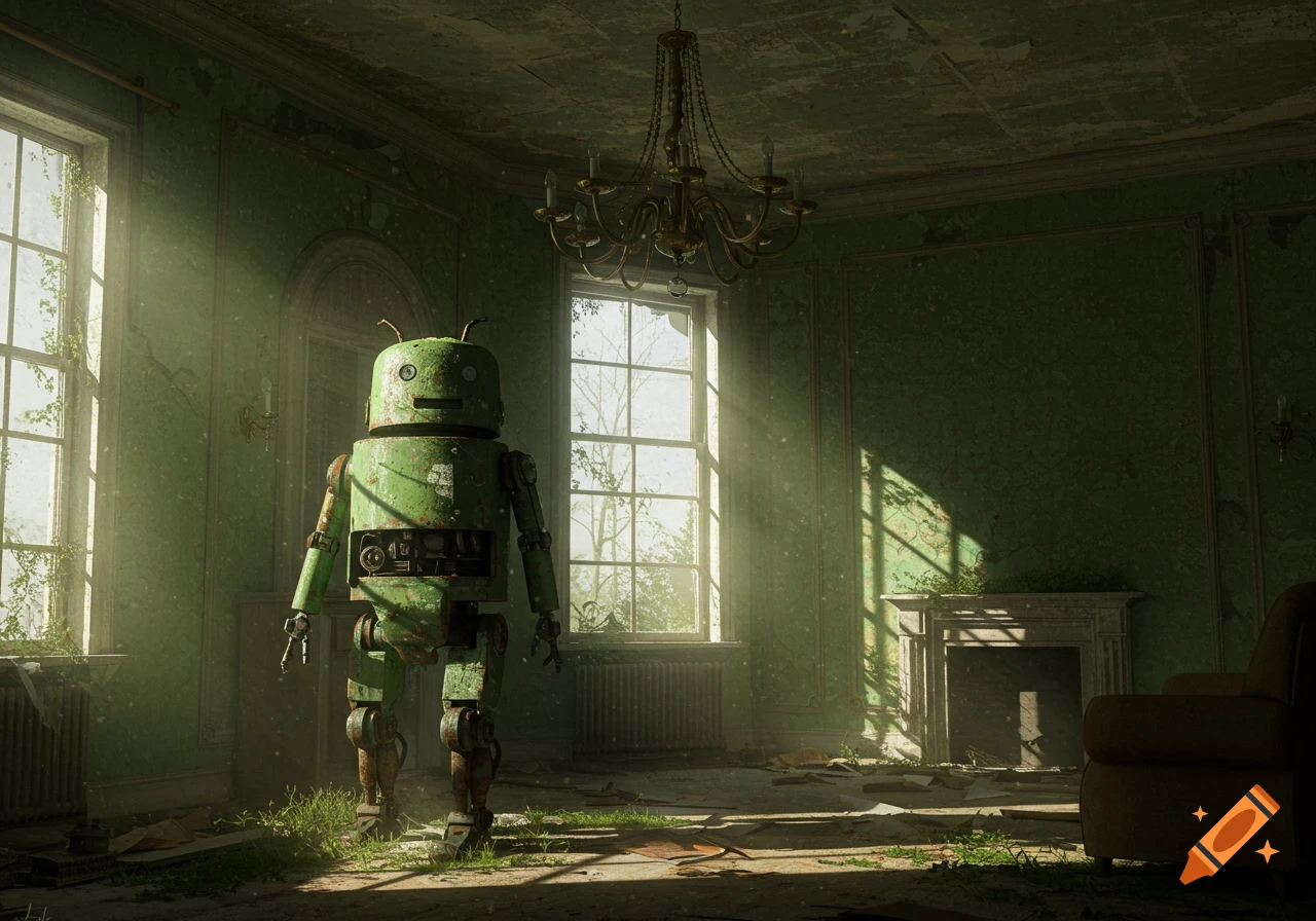 A rusty green android stands in a sunlit, dilapidated abandoned room with peeling wallpaper and large windows.